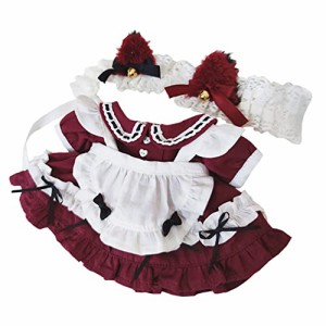 wine red niannyyhouse ぬいぐるみ 用 20cm人形の服 綿人形の服 ヘッドバンド+ドレス+エプロン 3点セット 猫耳メイドスーツスカート 人形