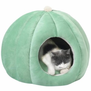 フリー_グリーン Bidason 猫 ベッド ペット ハウス ドーム型 ふわふわ 可愛い カボチャ 柔らかい クッション付き ソフト 滑り止め 洗える
