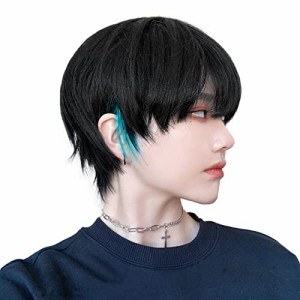 ナチュラルブラック×浅葱色_ストレート BARSDAR ウィッグ メンズ 男装 かつら ショート インナーカラー フルウィッグ 黒 男性 原宿 イケ