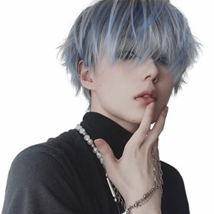 グレー×ブルー_ストレート BARSDAR ウィッグ メンズ 男装 かつら ショート インナーカラー フルウィッグ 黒 男性 原宿 イケメン ハンサ