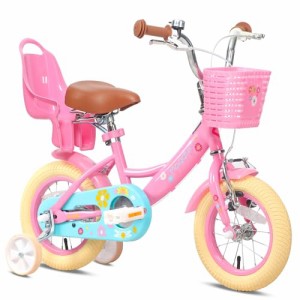 ピンク＆ブルー_12インチ Glerc Maggie 子供用自転車 女の子用 キッズバイク 幼児乗り練習 花柄 かご付き 補助輪付き こども三輪 ぬいぐ