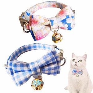 blue HMHiWYY猫首輪猫犬用首輪2点セットファッション取り外し可能な和鈴取り外し可能な蝶ネクタイ手作りサイズ調節可能可愛い軽量布通気