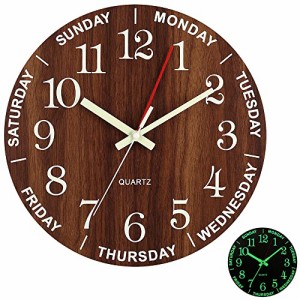 ブラウン 壁掛け時計 木製 夜光 電池式 掛け時計 丸型 連続秒針 静音 夜の光時計 大文字 曜日を調整することが可能 曜日 日付 掛け時計 