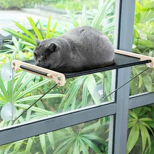 木枠-58*36CM Pecute 猫窓用ハンモック 吸盤式 猫窓ベッド 吸盤タイプ 木枠付き窓枠座り台 強力吸盤 取り付け簡単 58*36cm