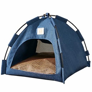 青 MEOW 猫ベッド 猫ハウス 猫テント ペットテント ペットベッド ドーム 通気性いい 洗える ペットホウス クッション付き 通年 耐え噛み 