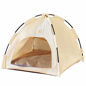 ベージュ MEOW 猫ベッド 猫ハウス 猫テント ペットテント ペットベッド ドーム 通気性いい 洗える ペットホウス クッション付き 通年 耐