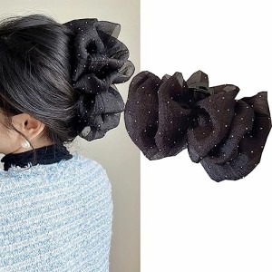 ブラック HAPVITAL フリル リボン バンスクリップ 大きめ 可愛い ヘアクリップ 大人っぽい ヘアアクセサリー フリル リボン バンスクリッ