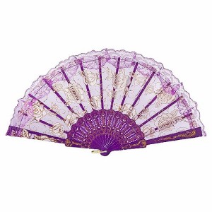 紫 LOYELEY レース扇子 フラワーファン 薔薇 バラ柄 折りたたみ式 ダンス 踊り スペイン ドン・キホーテやスペインの踊り バレエ バレエ