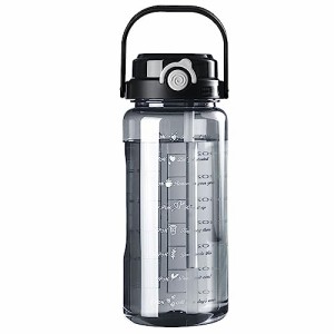 1500ml_ブラック 1500ml、2000ml ボトル 水筒 大容量 ポータブルストロースポーツウォーターボトル 2WAY わら付き 水位目盛付き BPAフリ