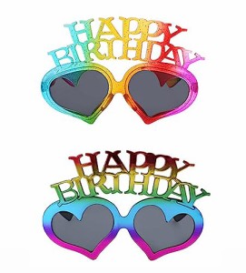 レインボー [KYON] ２本セット「HAPPY BIRTHDAY」 バースデーメガネ ハート形眼鏡 誕生日メガネ 面白い 写真小道具 目飾り 眼鏡 パーティ