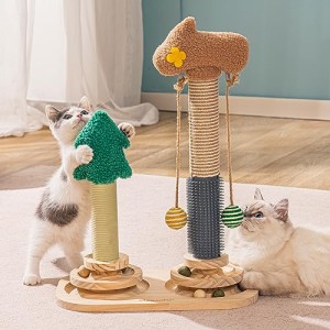 ダブル・ポスト MEWOOFUN 猫用おもちゃ 遊び放題 猫ボール 爪とぎ ポール マッサージャーブラシ 4in1 インタラクティブ おもちゃ 木製 猫