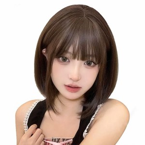 33cm-茶色 Peacoco ウィッグ ボブ ショート ストレート 【小顔 ・軽量 ・可愛い】 ぱっつん前髪 内巻き 耐熱 マット 自然 人工スキン つ