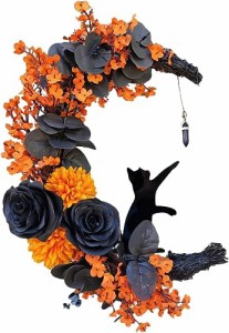ムーンハロウィンリース 猫とハロウィーンの月のリース ドアの花輪 壁の装飾 ハロウィンの飾り付け 玄関用の月のハロウィーンリース ハロ