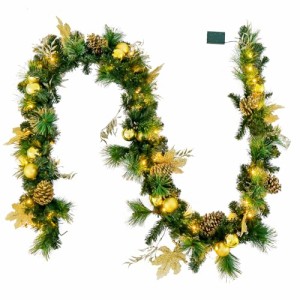 CM24550 TANGKULA クリスマス 飾り ガーランド 2.7m クリスマスモール LEDライト付き 松かさ付き 葉っぱ クリスマス オーナメント パーテ