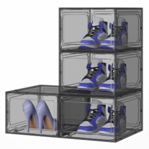 JOISCOPEシューズボックス 4個セットスニーカーボックス 透明靴収納ボックス 磁石開閉扉のプラスチック靴箱 組み立て式 大容量 積み重ね