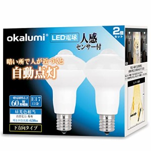 LED電球 人感センサー付 E17口金 60形相当 昼光色 6W 650lm 下方向タイプ 明暗センサー付 小型電球 玄関/廊下/トイレ 2個セ