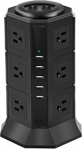 タワー型電源タップ 3層 USB コンセントタワー 12AC充電口（100-125V）＋5USBポート（最大4.2A/5V）雷ガード 過負荷保護