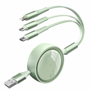 充電ケーブル 3in1 巻き取り式 コード 3A急速充電 3in 1 USB Type C iOS Micro 充電ケーブル 3台同時充電 超高