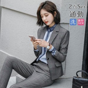 スーツセット パンツスーツ レディース チェック柄 フォーマル テーラードジャケット ビジネス 事務服 卒業式 通勤 面接 オフィス 2点セ
