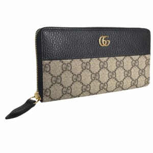 GUCCI グッチ GGマーモント ラウンドジップ 長財布 レディース GGスプリームキャンバス ベージュ ブラック 黒 735603 496334 中古品【鑑