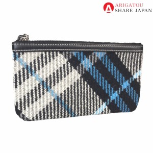 BURBERRY バーバリー チェック柄 バッグインポーチ ポーチ レディース ウール マルチカラー 黒 白 水色 中古品【 鑑定済】