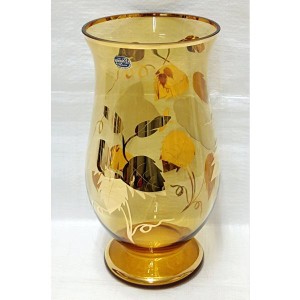 ・ボヘミアグラス　金彩花紋アンバー花瓶　フラワーベース　チェコ製　美品