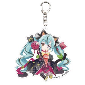 初音ミク×招き猫 アクリルキーホルダー Art byらっす 黒猫座り右手あげ クレープ