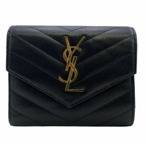 SAINT LAURENT/サンローラン 403943 YSLロゴ Vステッチ モノグラム レザー 三つ折り財布 ブラック レディース ブランド