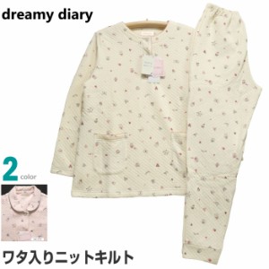 Ｍサイズ レディース パジャマ 秋冬 長袖 長パンツ dreamy diary 綿混 うすワタ入りニットキルト 丸首 プルオーバー