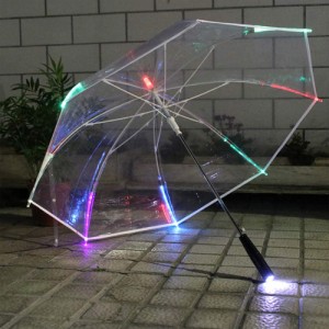 LED傘 雨傘 7色LEDランプ付き 透明傘 フラッシュライト長傘 80ｃｍ 光る傘 七色に光る 夜間対応雨の夜に最適夜道も安心 照明 雨具 レイン