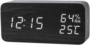 現代の目覚まし時計温度湿度電子デスクトップデジタルテーブルクロックのUSB木製目覚まし時計のLED 家の寝室のベッドサイド (Color : Bla