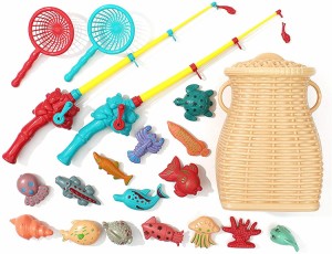魚釣り ゲーム おもちゃ 風呂おもちゃ 磁気釣りおもちゃ 魚かご付き 20点セット 釣り糸自由に引っ込み コンパクト 携帯便利 釣り 体験 練