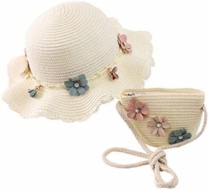 麦わら帽子 女の子 斜めがけバッグ 子供 2点セット 可愛い 天然素材 花柄 編み ストローハット バッグ つば広 uvカット 日焼け防止 折り