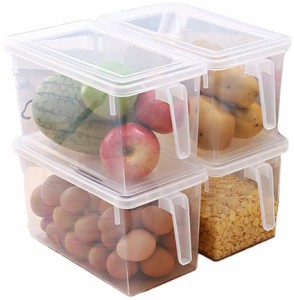 プラスチック 長方形 持ち手つき 蓋つき 食品収納 収納ケース キッチン用品 冷蔵庫適用 （4個セット）