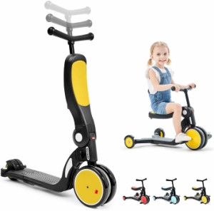 キックスクーター 5 in 1子供用3輪キックボード 3階段調節可能 三輪車 後輪ブレーキ 乗用玩具 持ち運び便利 (レッド-1)