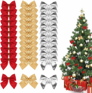 クリスマスボウ、36個のツイストタイリボンボウミニクリスマスツリーと結婚式の休日の新年の装飾飾り（ゴールド、シルバー、レッド）
