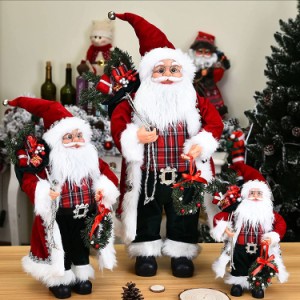 サンタクロース、ギフトバッグと花輪のサンタクロース、立っているサンタクロースの置物、家の装飾品、クリスマスのお祝いパーティーの装
