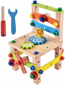 知育玩具 大工さんセット 積み木 組み立て 木製おもちゃ 椅子 木製ツールボックス プレゼント