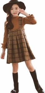 女の子 子供服 キッズ服 可愛い 2点セット 長袖 厚手 Tシャツ セーター チェック柄 スカート ジュニア ガールズ ジャンパースカート ワン