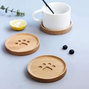 コースター かわいい漫画猫の足木のコースターパッドミルクテコのコーヒーカップマットラウンド柔らかい木製の断熱プラセマット家の装飾1
