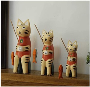 雑貨 北欧 置物 インテリア 部屋装飾 店舗飾り ウッド製 アクセサリ 猫釣り 3個セット (レッド)
