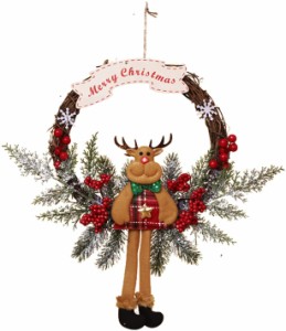 リース クリスマス飾り 30cm トナカイ 籐 丸型 LED照明入りリース 電池式 クリスマスボード 木製吊り下げリース 花輪 掛け飾り デコレー