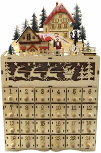 クリスマス木製アドベントカレンダーLEDライト付きビレッジハウスカウントダウン引き出しボックス木製