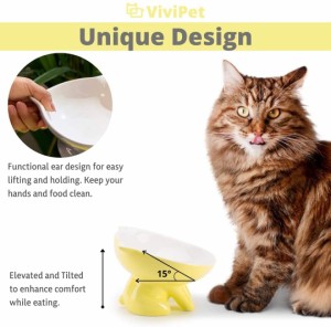 ペット 猫 犬 皿 給餌 食器 餌やり ボウル 陶製 セラミックス 猫耳 FDA食品レベル シアン 可愛い TL