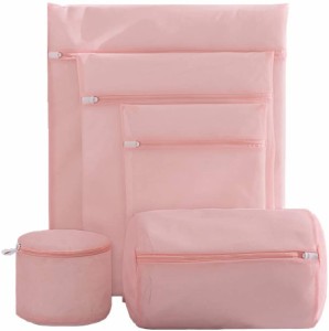 ピンクの洗濯ネット 5枚入 ランドリーネット洗濯袋セット 再利用可能な丈夫な細かいメッシュの洗濯袋 ネット 洗濯用品 旅行収納袋 家庭用