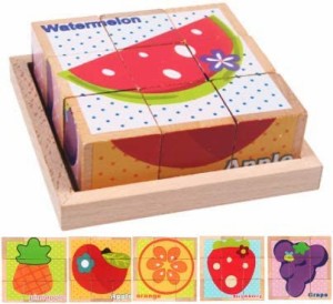 キューブパズル 立体パズル 木製 積み木 ブロック 子供 モンテッソーリ 知育玩具 果物 フルーツ６種類 スイカ パイナップル リンゴ ミカ