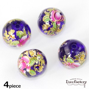 【ガラス 陶器】4個 12mm 花デザイン ラウンド ブルー ガラスビーズ  アクセサリー 手芸 アクセサリーパーツ ハンドメイド 材料 丸 フラ