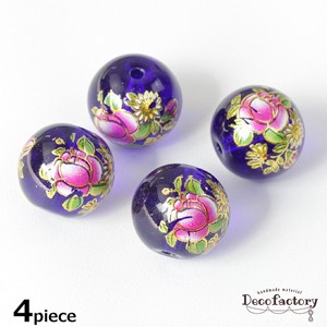 【ガラス 陶器】4個 14mm 花柄 ブルー ラウンド ガラスビーズ  アクセサリー 手芸 アクセサリーパーツ ハンドメイド 材料 ピアス イヤリ