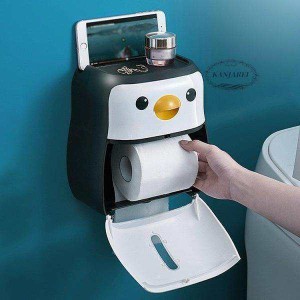 日用品雑貨 トイレ用品 トイレットペーパーホルダー ユニーク 動物 ペンギン 小物置き場 台 スマホ置き場 ブラック