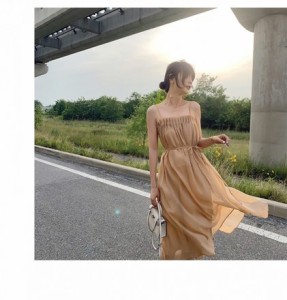 チュールワンピース 春夏 重ね着 レイヤード 可愛い キャミソール ふんわり ミモレ丈 ウエストリボン シースルー K-0115